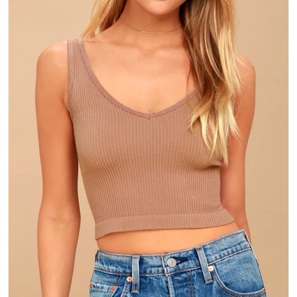 Free People Intimately Ribbed V Neck Cropped Tank Top Mauve Taupe XS